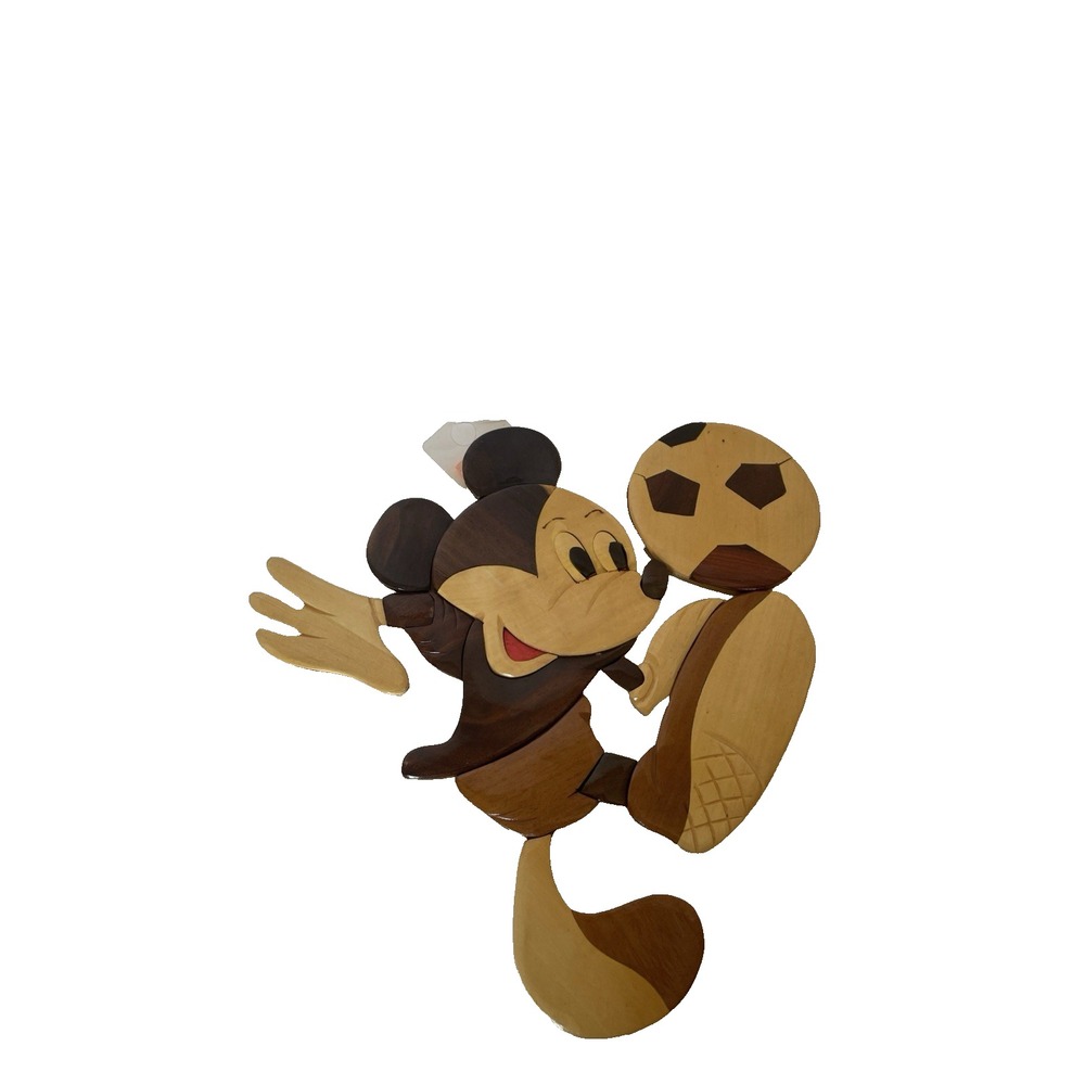 Vtg Mickey Mouse Intarsia Wood Carving‎ Disney Wall Art Kicking Soccer Ball